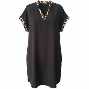 SHEIN Curve 1XL Black Shift Dress With Leopard Print Accent Trim